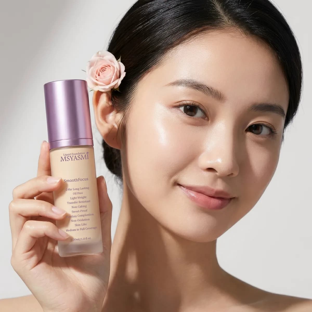 A model holding MSYASMI SmoothFocus foundation beside her face